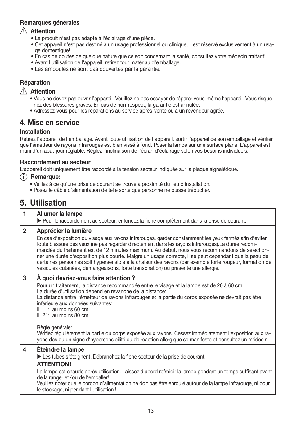 Utilisation, Mise en service | Beurer IL 11 User Manual | Page 13 / 48