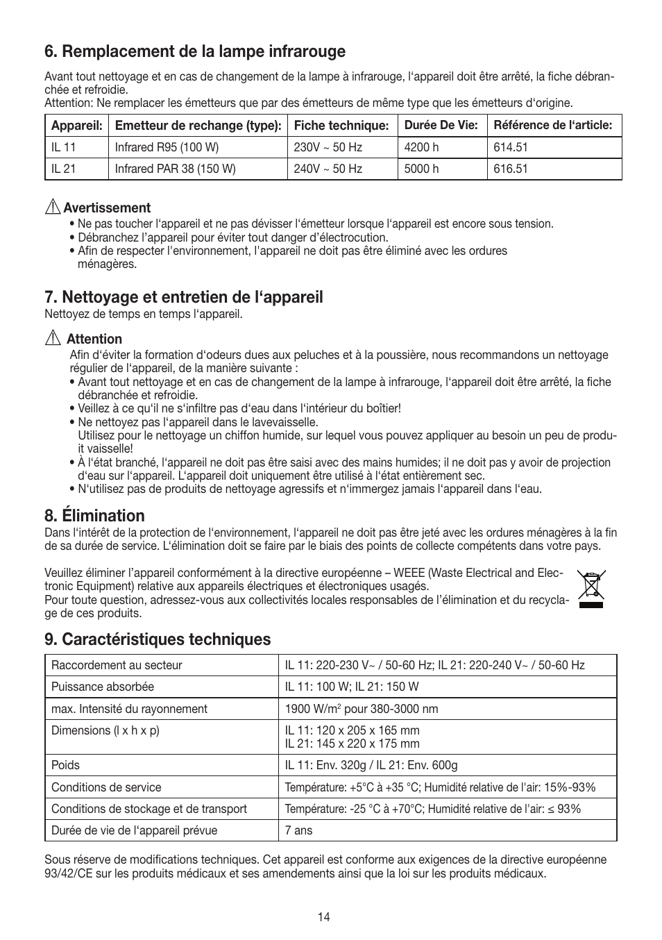 Remplacement de la lampe infrarouge, Nettoyage et entretien de l‘appareil, Élimination | Caractéristiques techniques | Beurer IL 11 User Manual | Page 14 / 48