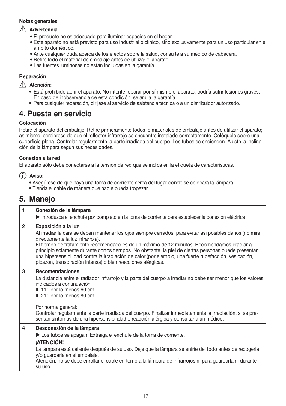 Puesta en servicio, Manejo | Beurer IL 11 User Manual | Page 17 / 48