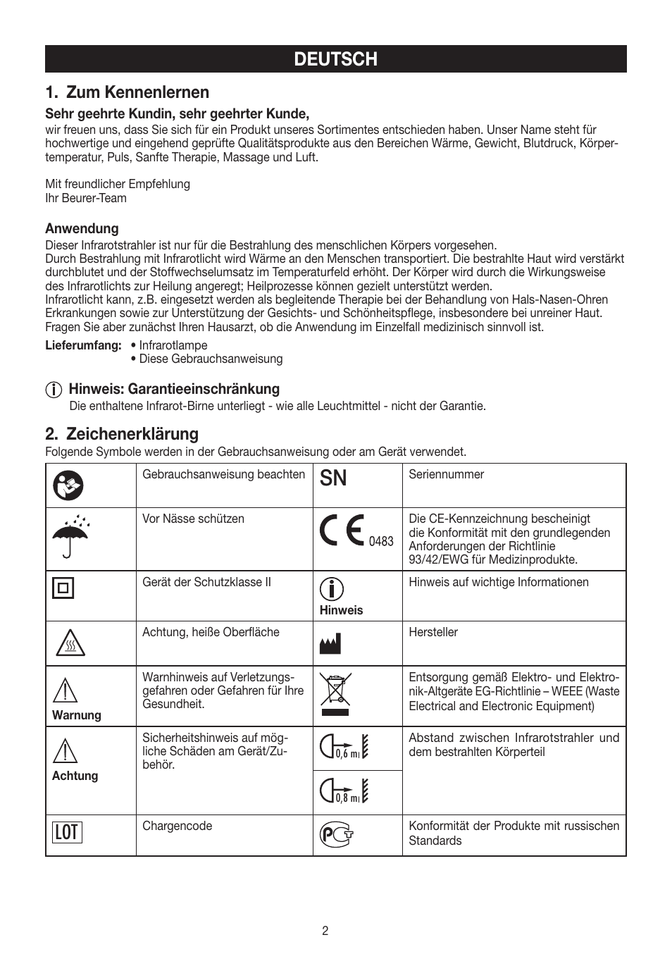 Deutsch, Zum kennenlernen, Zeichenerklärung | Beurer IL 11 User Manual | Page 2 / 48