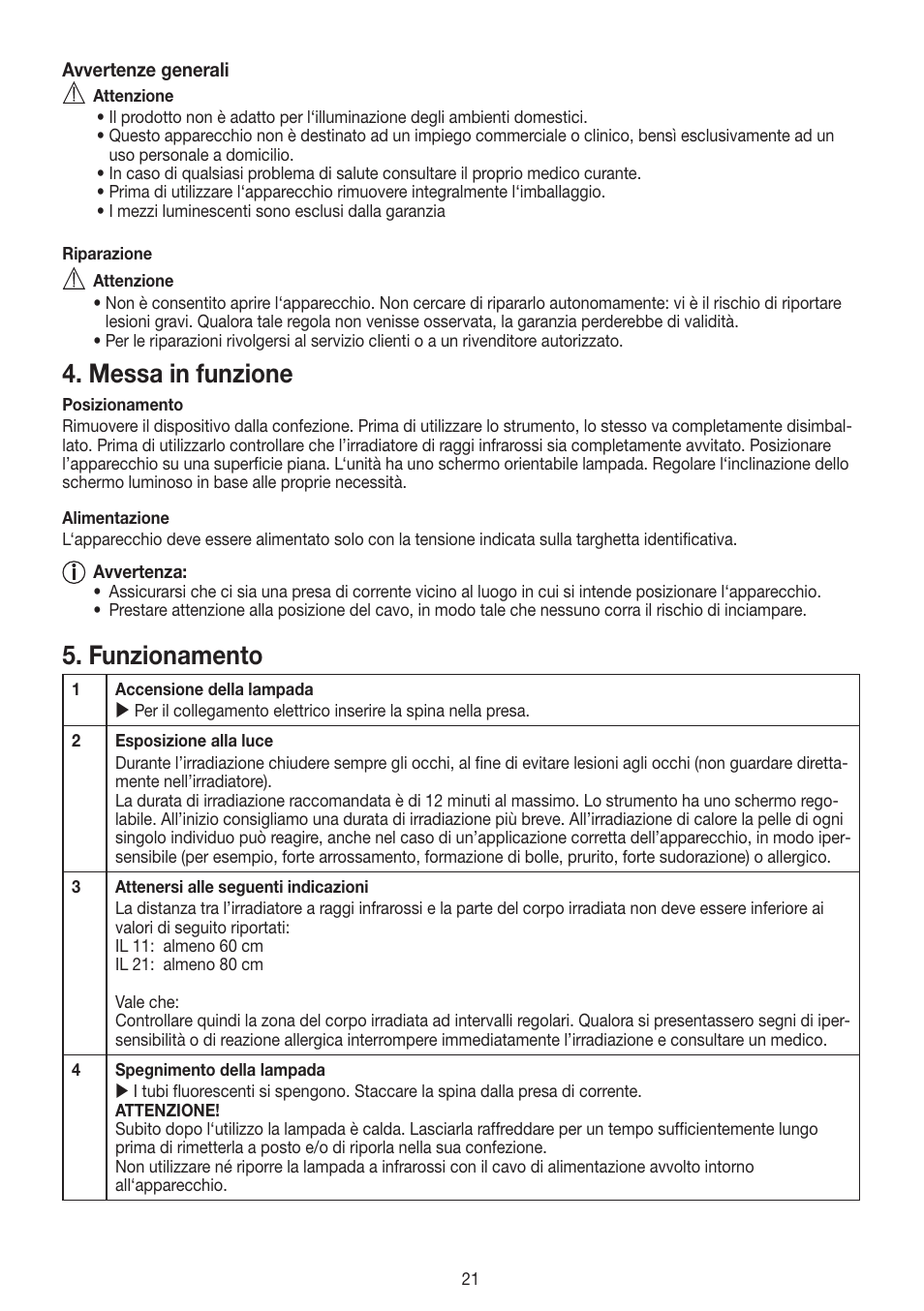 Messa in funzione, Funzionamento | Beurer IL 11 User Manual | Page 21 / 48