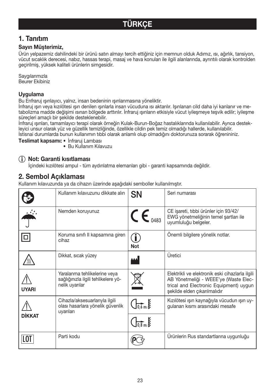 Türkçe, Tanıtım, Sembol açıklaması | Beurer IL 11 User Manual | Page 23 / 48