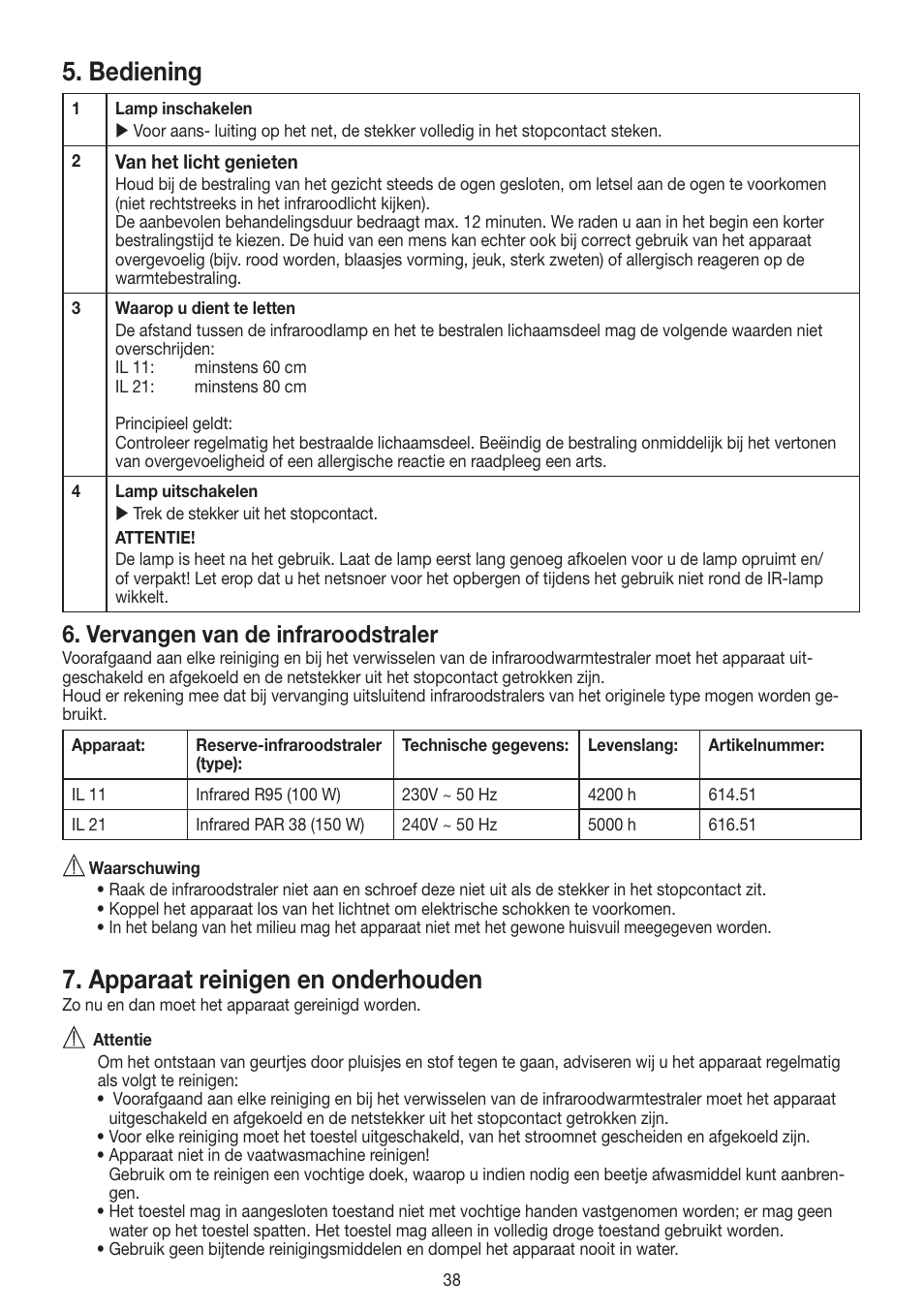 Bediening, Apparaat reinigen en onderhouden, Vervangen van de infraroodstraler | Beurer IL 11 User Manual | Page 38 / 48