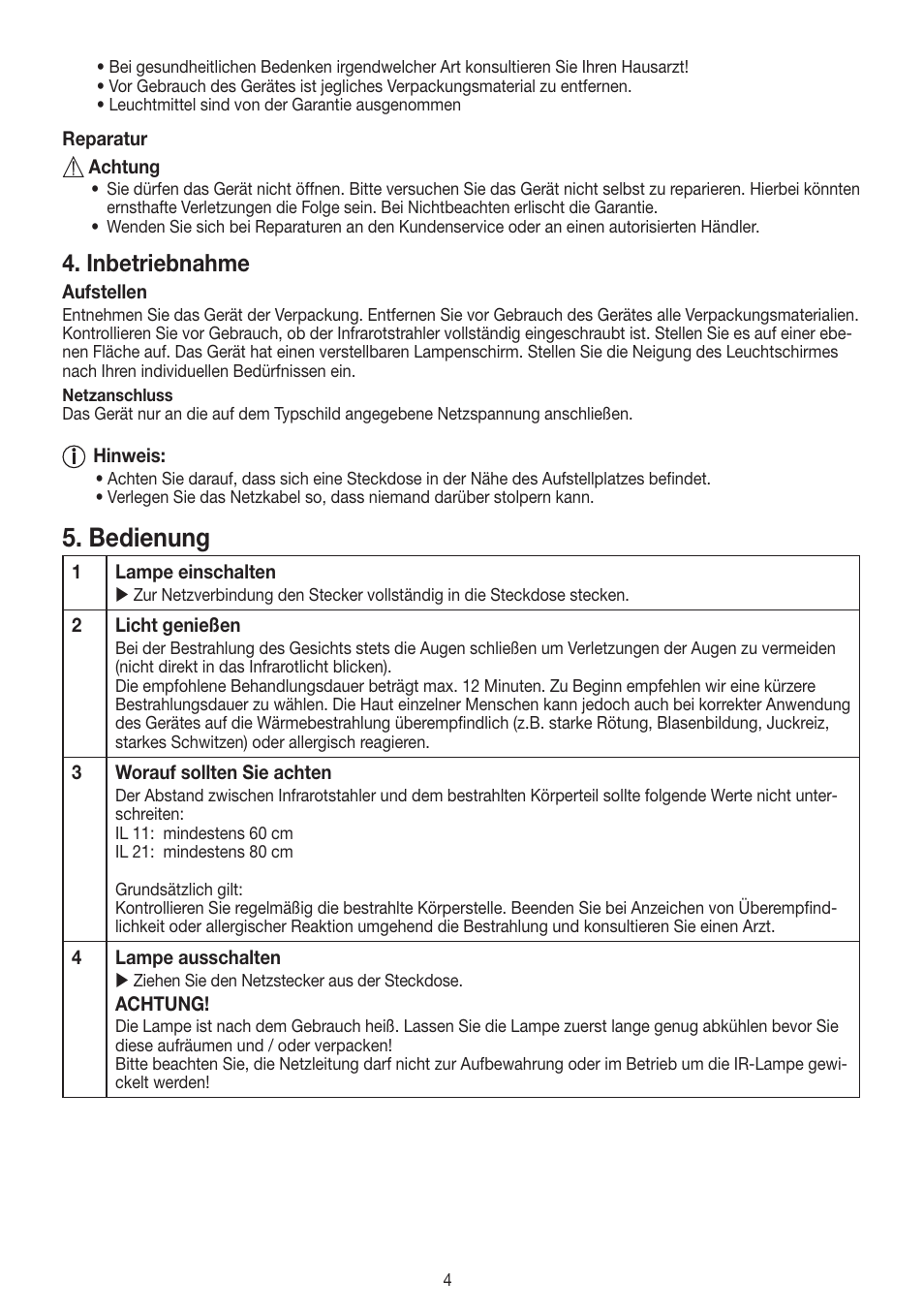 Bedienung, Inbetriebnahme | Beurer IL 11 User Manual | Page 4 / 48