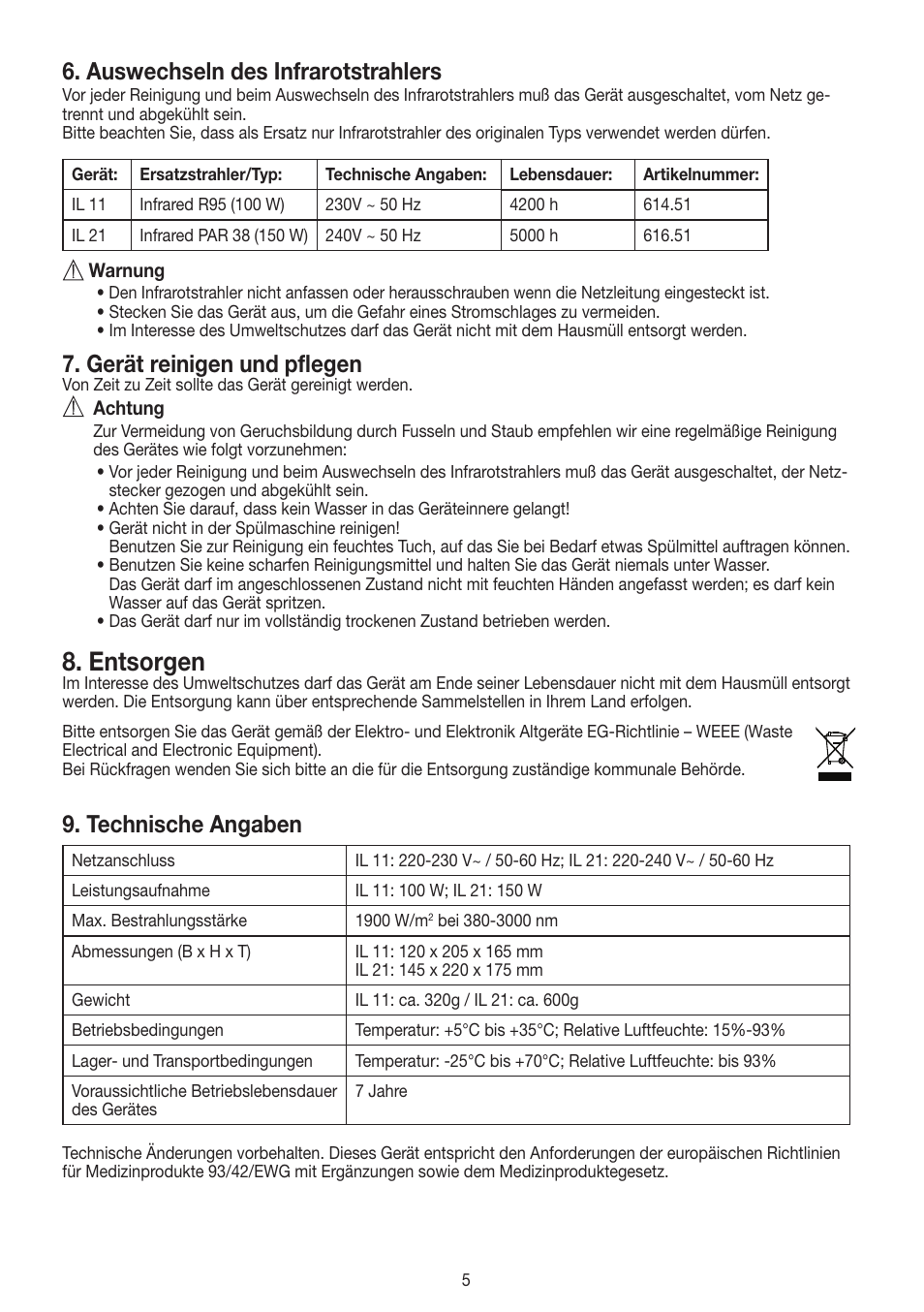 Entsorgen, Auswechseln des infrarotstrahlers, Gerät reinigen und pflegen | Technische angaben | Beurer IL 11 User Manual | Page 5 / 48