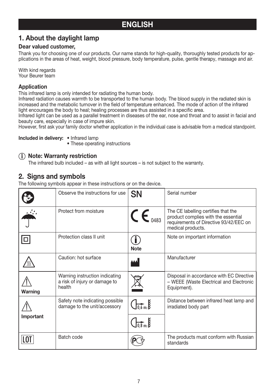 English, About the daylight lamp, Signs and symbols | Beurer IL 11 User Manual | Page 7 / 48
