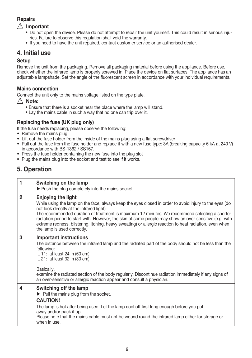Initial use, Operation | Beurer IL 11 User Manual | Page 9 / 48