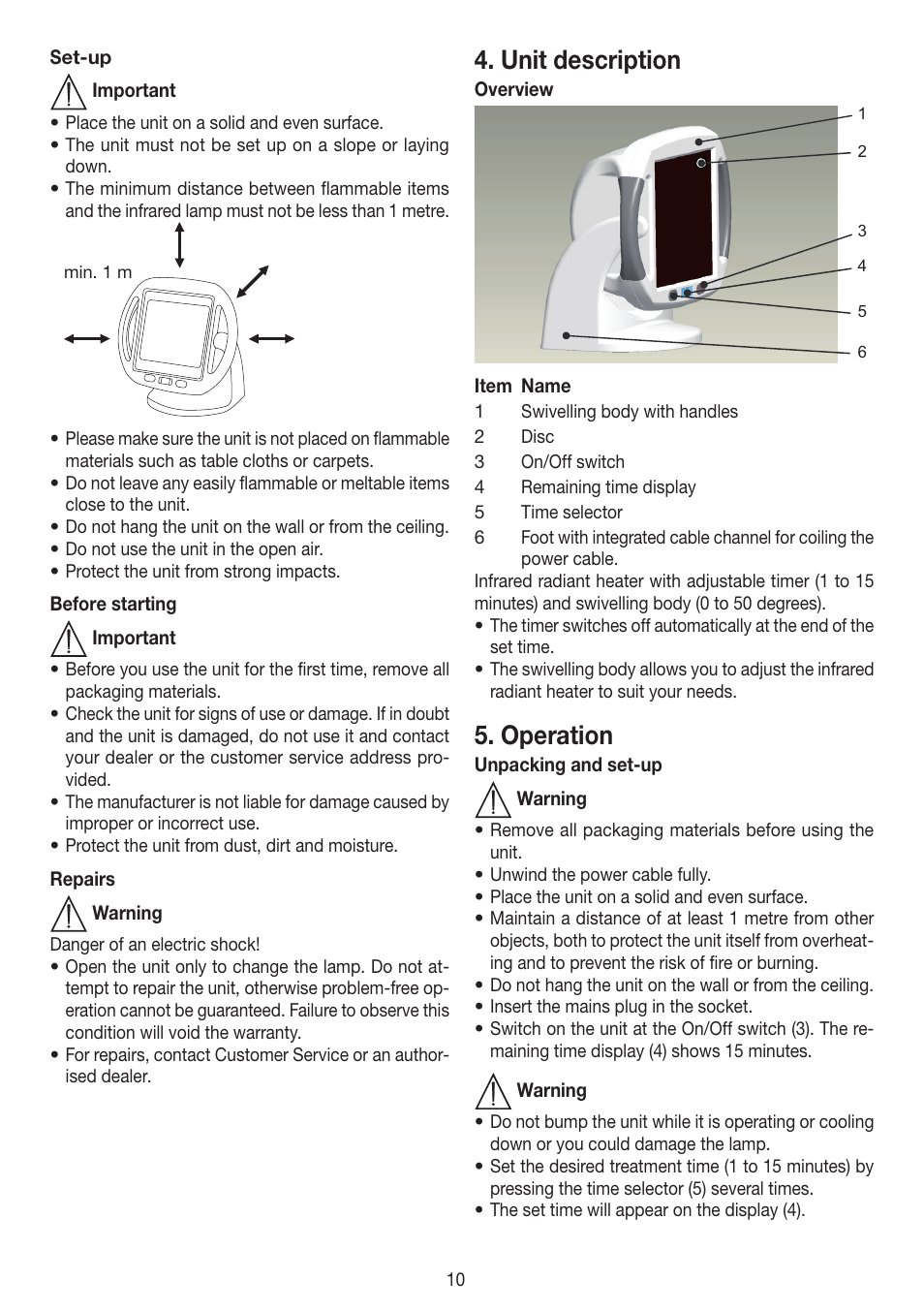 Unit description, Operation | Beurer IL 50 User Manual | Page 10 / 48