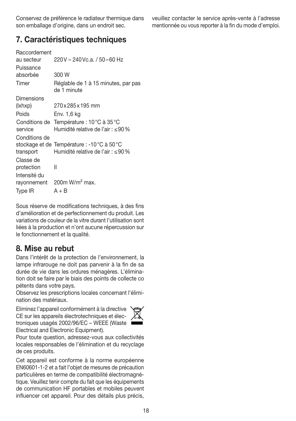 Caractéristiques techniques, Mise au rebut | Beurer IL 50 User Manual | Page 18 / 48