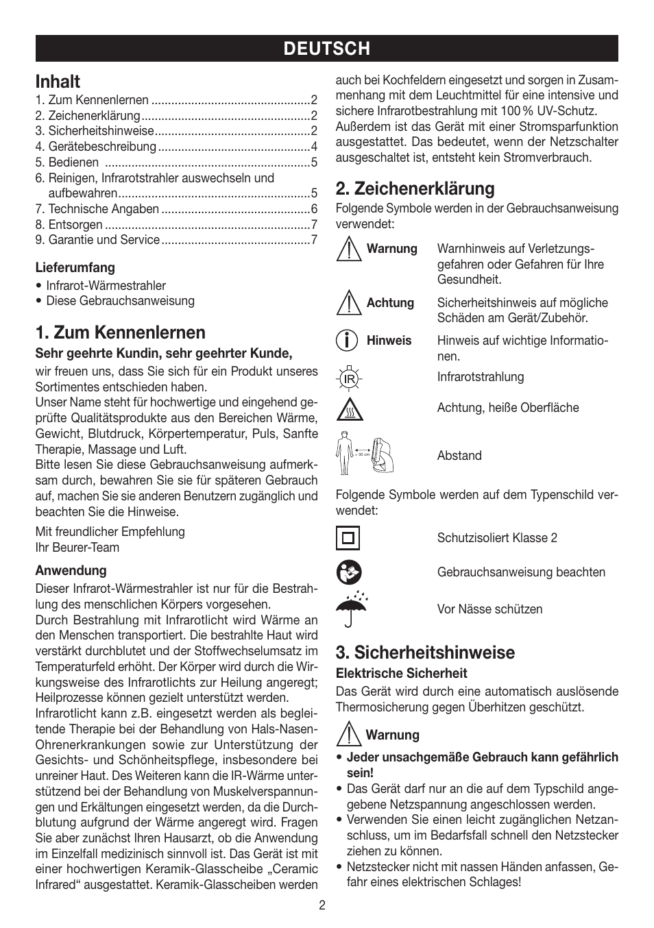 Inhalt, Zum kennenlernen, Zeichenerklärung | Sicherheitshinweise, Deutsch | Beurer IL 50 User Manual | Page 2 / 48