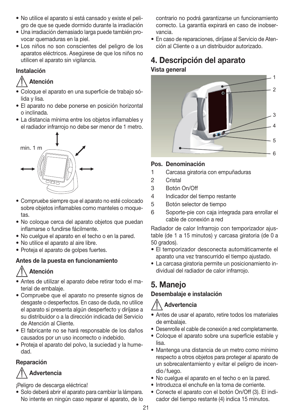 Descripción del aparato, Manejo | Beurer IL 50 User Manual | Page 21 / 48