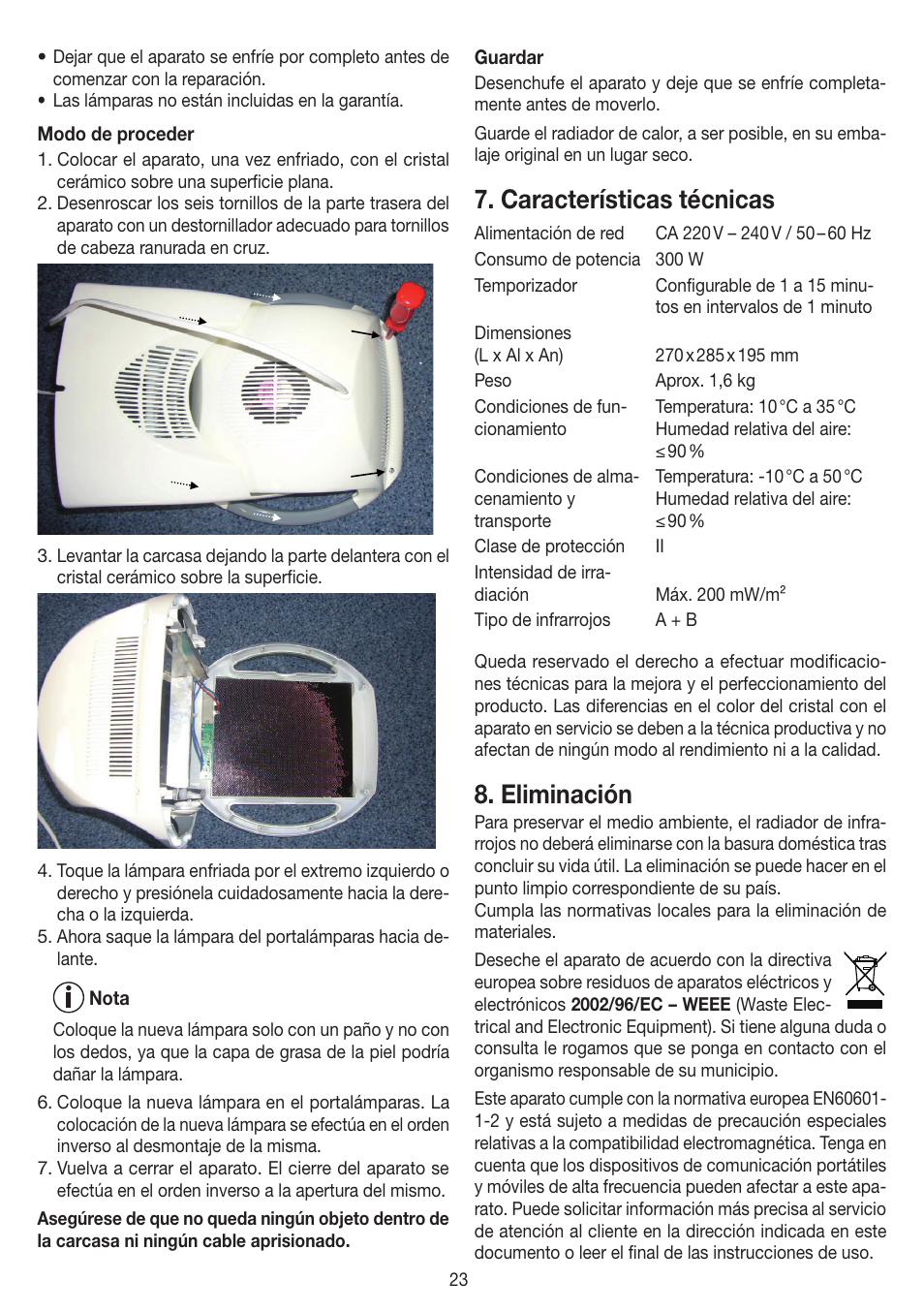 Características técnicas, Eliminación | Beurer IL 50 User Manual | Page 23 / 48