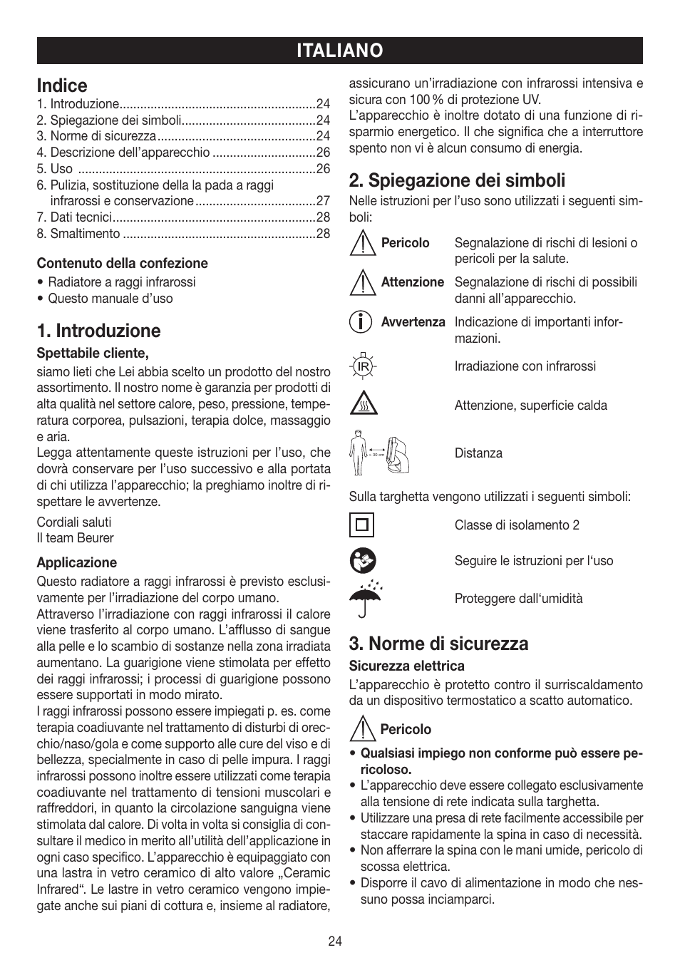 Indice, Introduzione, Spiegazione dei simboli | Norme di sicurezza, Italiano | Beurer IL 50 User Manual | Page 24 / 48