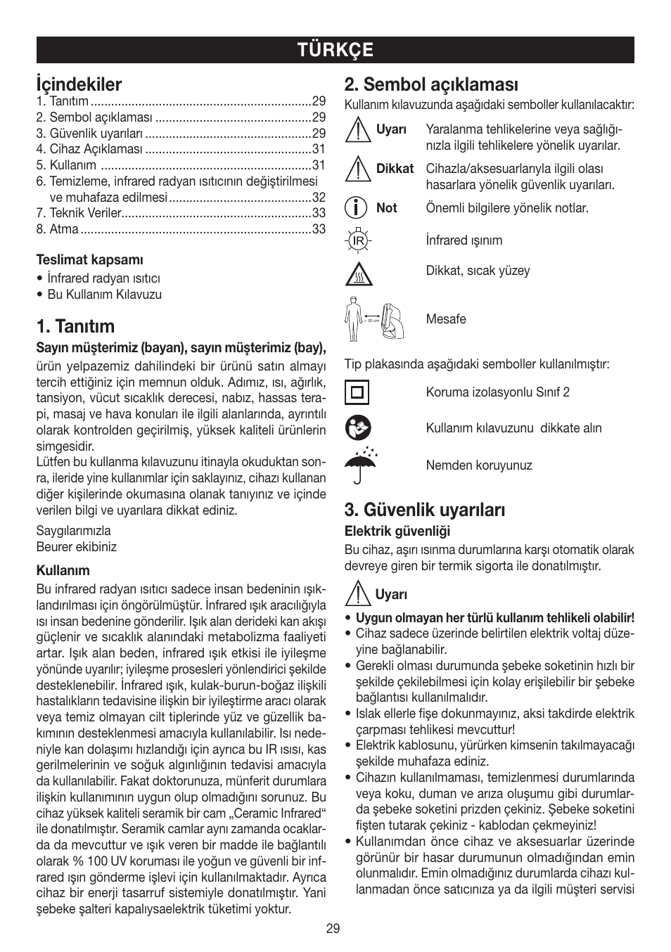 Içindekiler, Tanıtım, Sembol açıklaması | Güvenlik uyarıları, Türkçe | Beurer IL 50 User Manual | Page 29 / 48