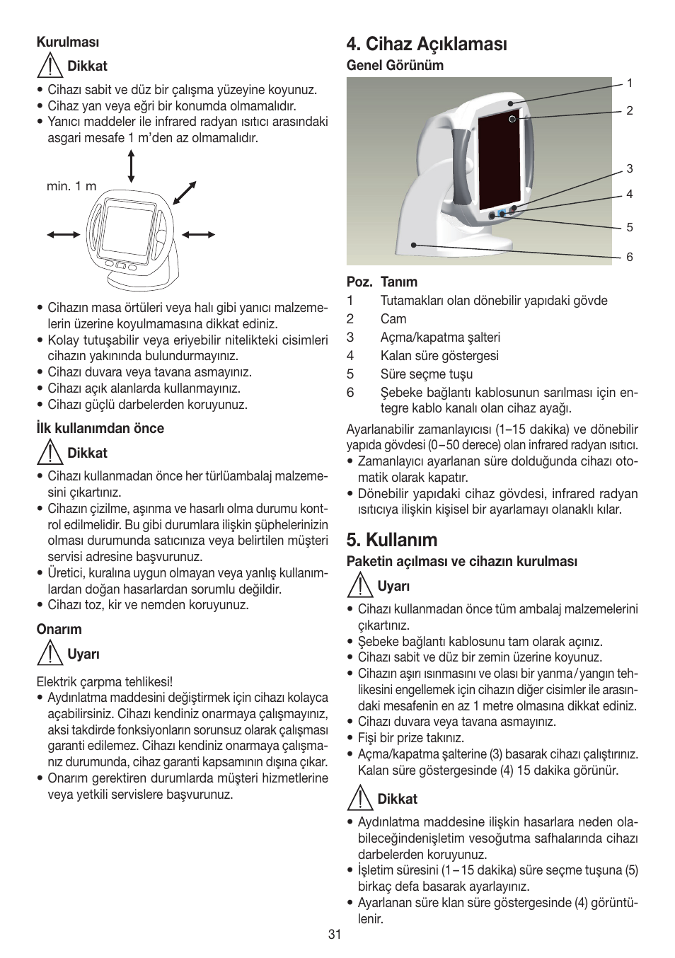 Cihaz açıklaması, Kullanım | Beurer IL 50 User Manual | Page 31 / 48
