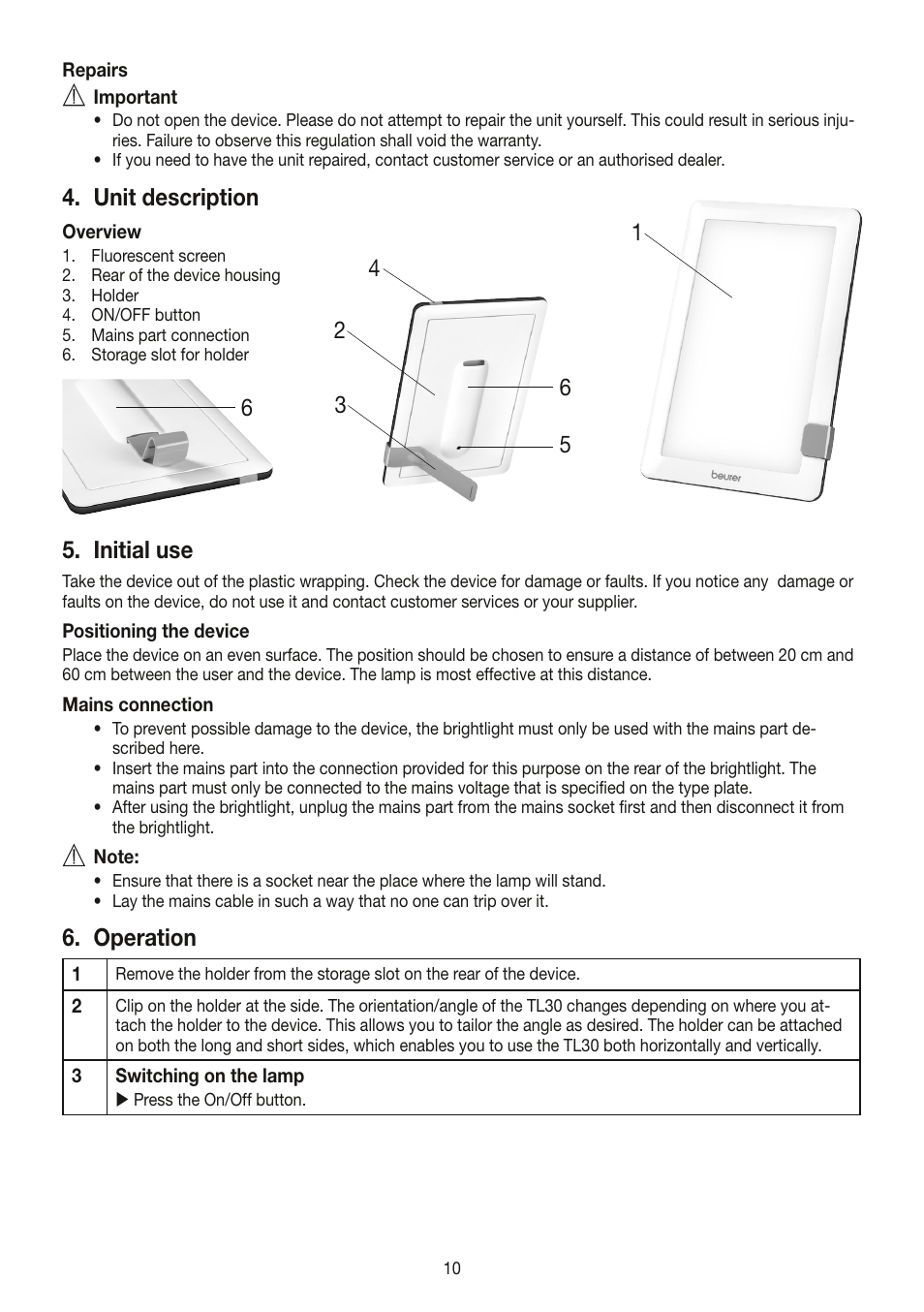 Unit description, Initial use, Operation | Beurer TL 30 User Manual | Page 10 / 68