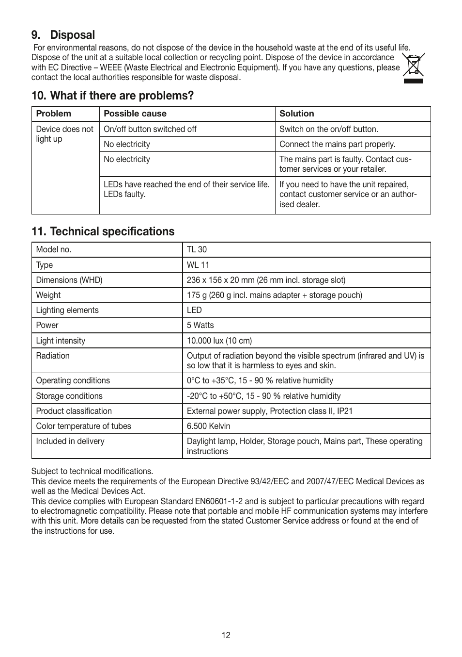 Disposal, What if there are problems, Technical specifications | Beurer TL 30 User Manual | Page 12 / 68