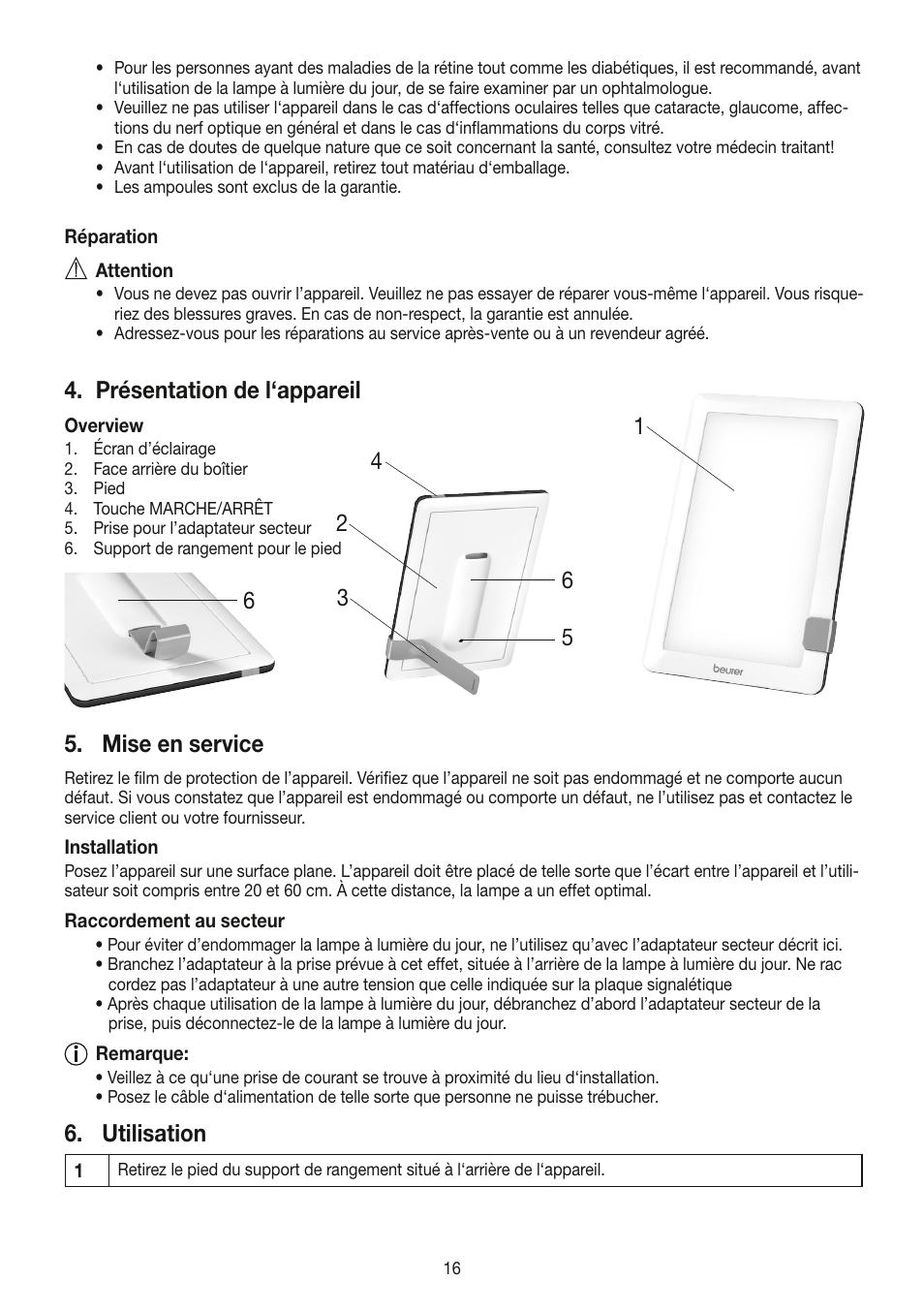 Présentation de l‘appareil, Mise en service, Utilisation | Beurer TL 30 User Manual | Page 16 / 68