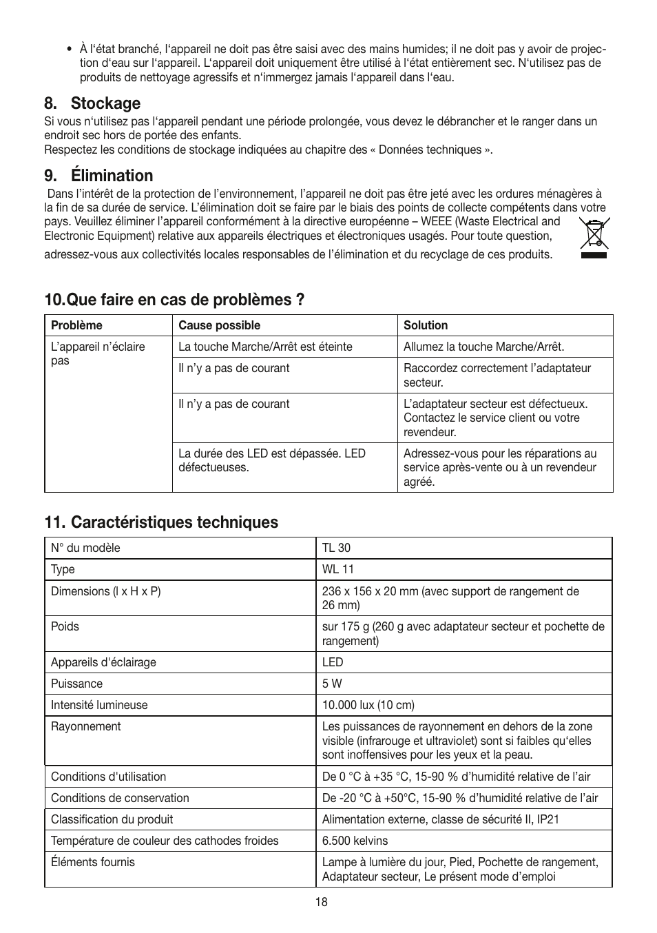 Stockage, Élimination, Que faire en cas de problèmes | Caractéristiques techniques | Beurer TL 30 User Manual | Page 18 / 68