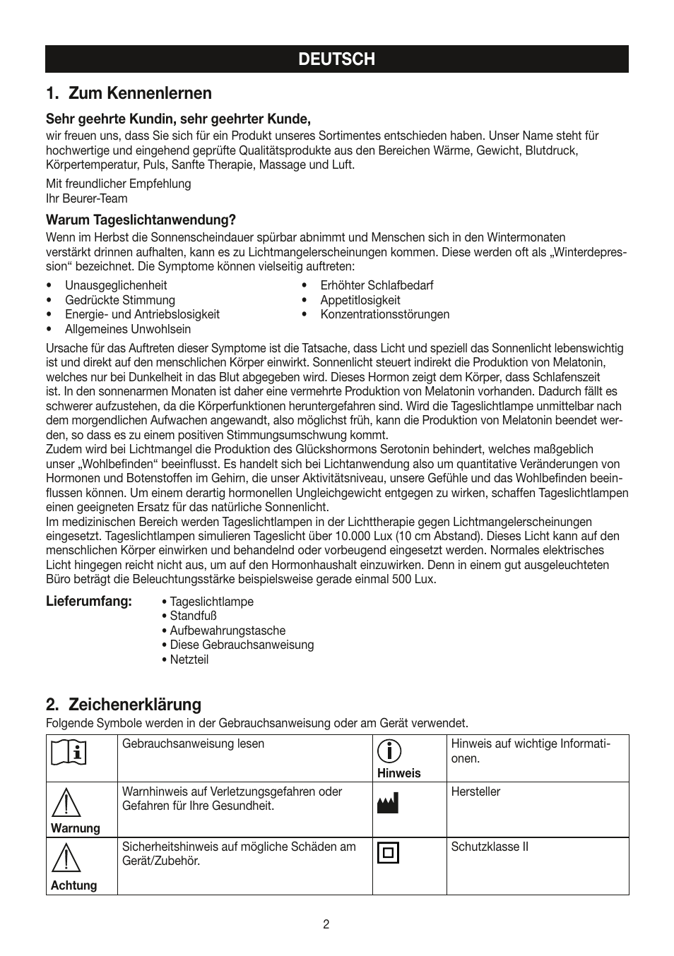 Deutsch 1. zum kennenlernen, Zeichenerklärung | Beurer TL 30 User Manual | Page 2 / 68