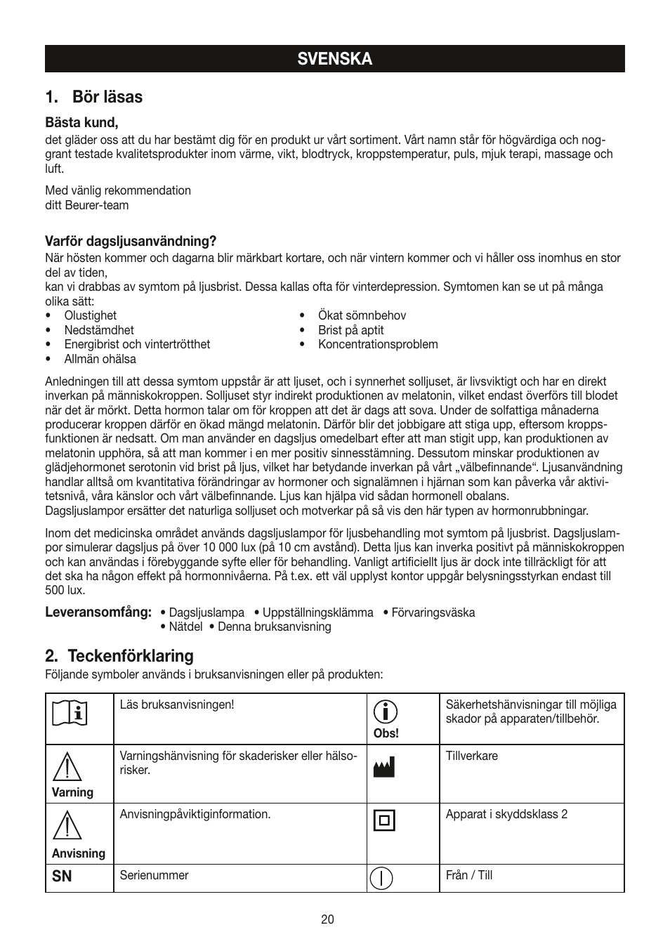 Bör läsas, Teckenförklaring, Svenska | Beurer TL 30 User Manual | Page 20 / 68
