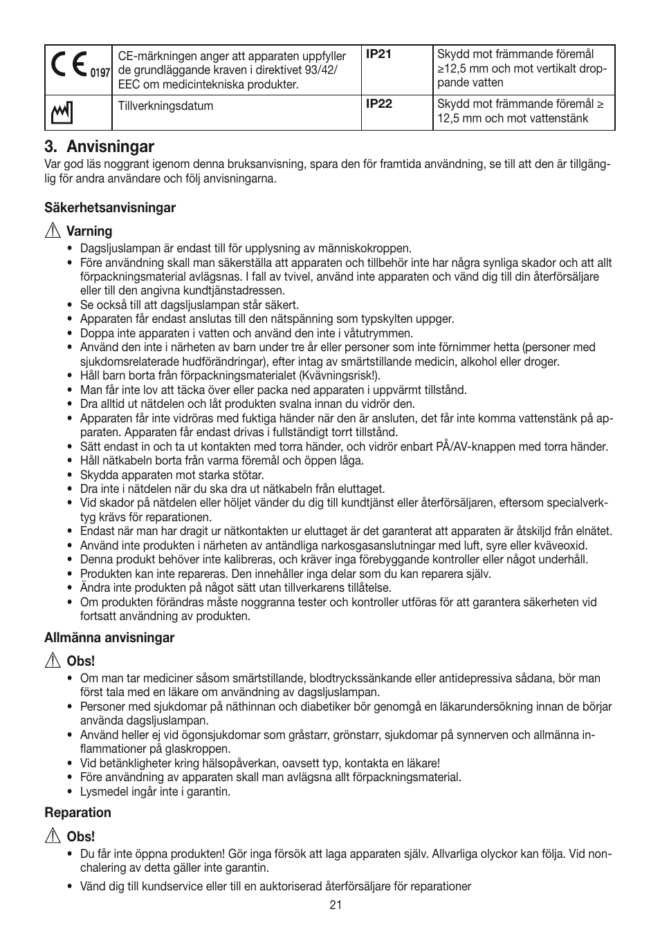 Anvisningar | Beurer TL 30 User Manual | Page 21 / 68