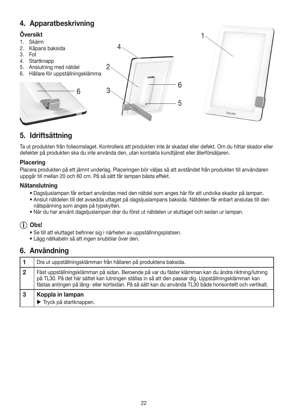 Apparatbeskrivning, Idriftsättning, Användning | Beurer TL 30 User Manual | Page 22 / 68