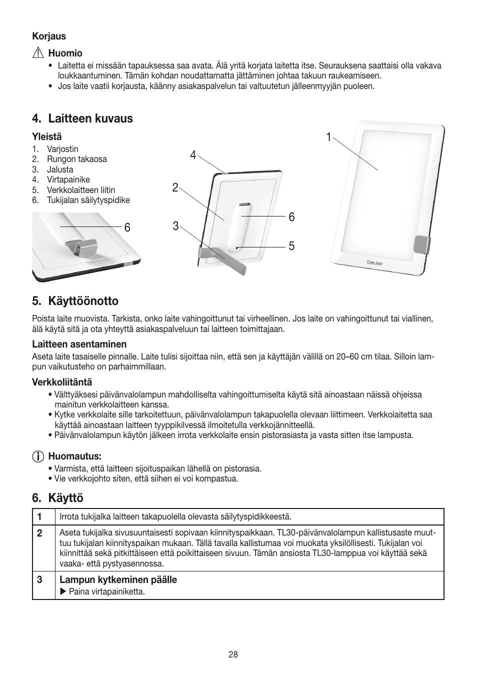 Laitteen kuvaus, Käyttöönotto, Käyttö | Beurer TL 30 User Manual | Page 28 / 68