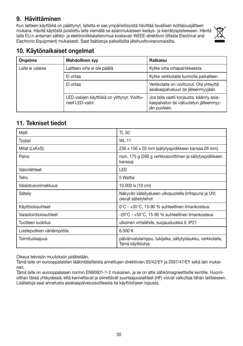 Hävittäminen, Käytönaikaiset ongelmat, Tekniset tiedot | Beurer TL 30 User Manual | Page 30 / 68