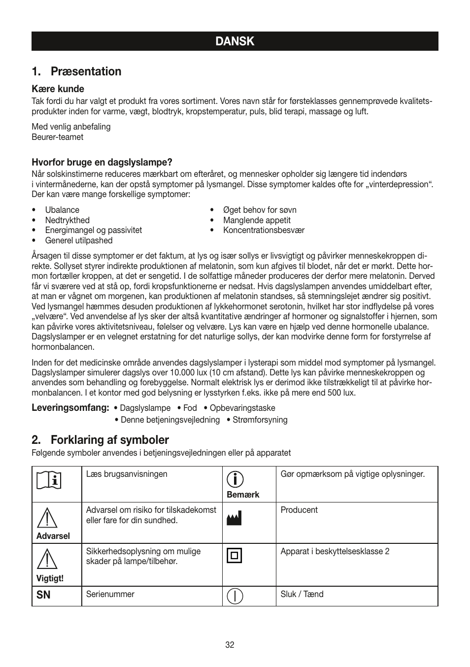 Dansk 1. præsentation, Forklaring af symboler | Beurer TL 30 User Manual | Page 32 / 68