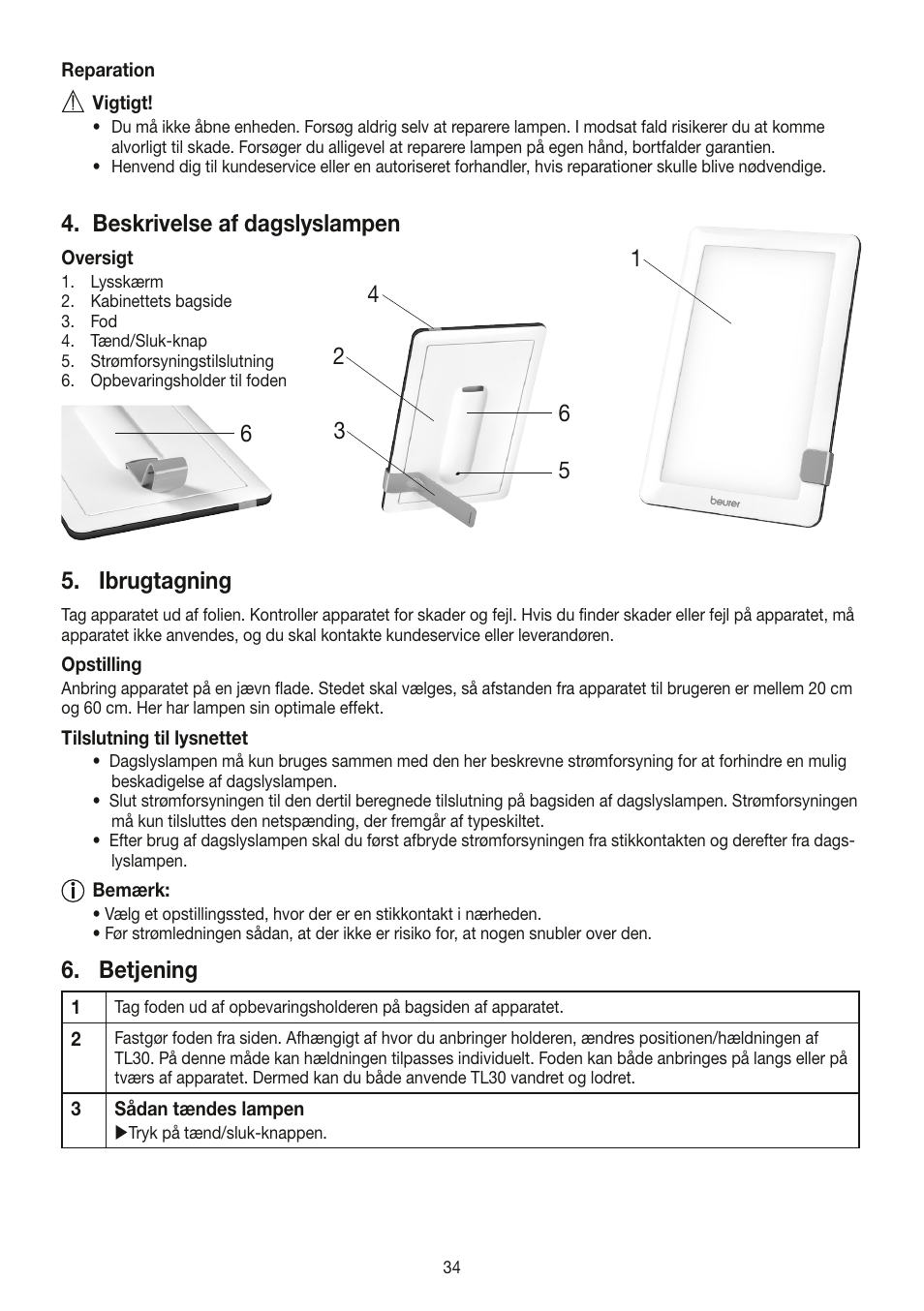 Beskrivelse af dagslyslampen, Ibrugtagning, Betjening | Beurer TL 30 User Manual | Page 34 / 68