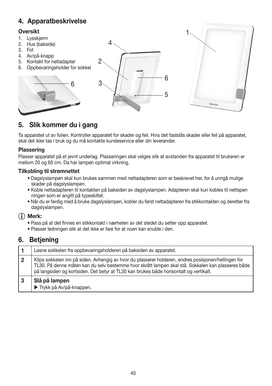 Apparatbeskrivelse, Slik kommer du i gang, Betjening | Beurer TL 30 User Manual | Page 40 / 68