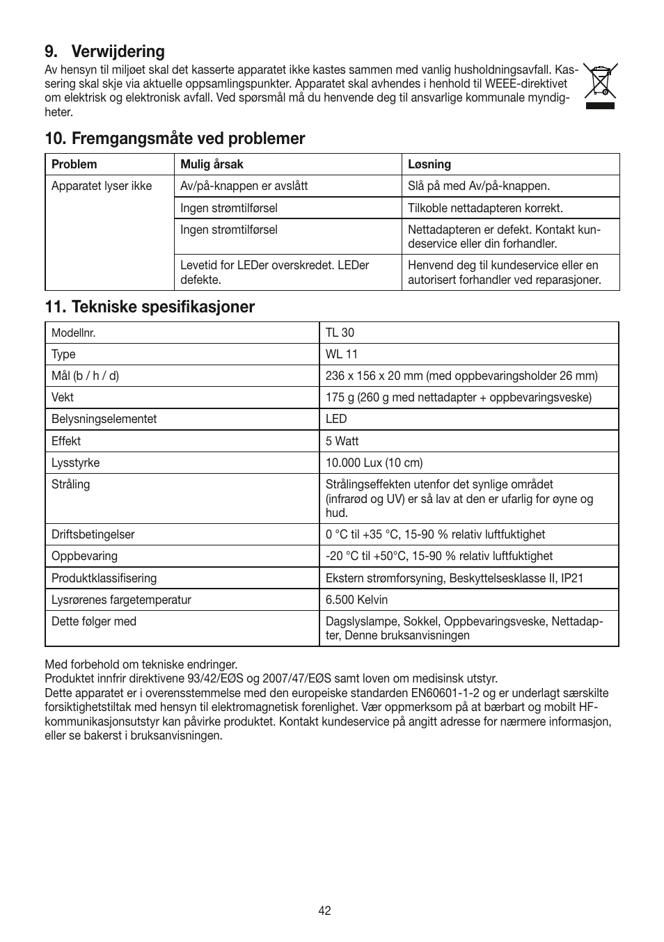 Verwijdering, Fremgangsmåte ved problemer, Tekniske spesifikasjoner | Beurer TL 30 User Manual | Page 42 / 68