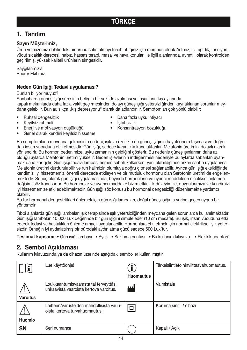 Türkçe 1. tanıtım, Sembol açıklaması | Beurer TL 30 User Manual | Page 44 / 68