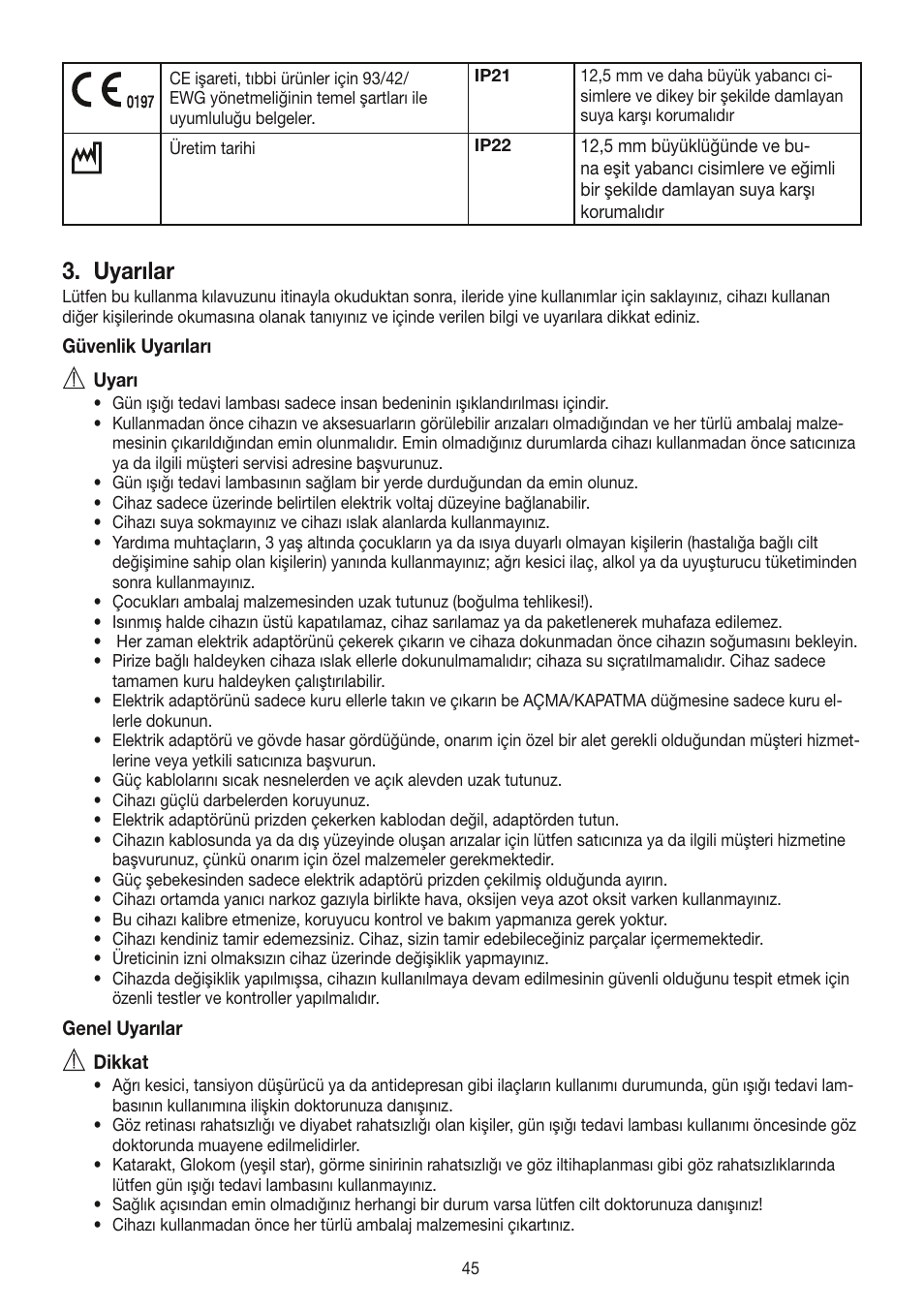 Uyarılar | Beurer TL 30 User Manual | Page 45 / 68