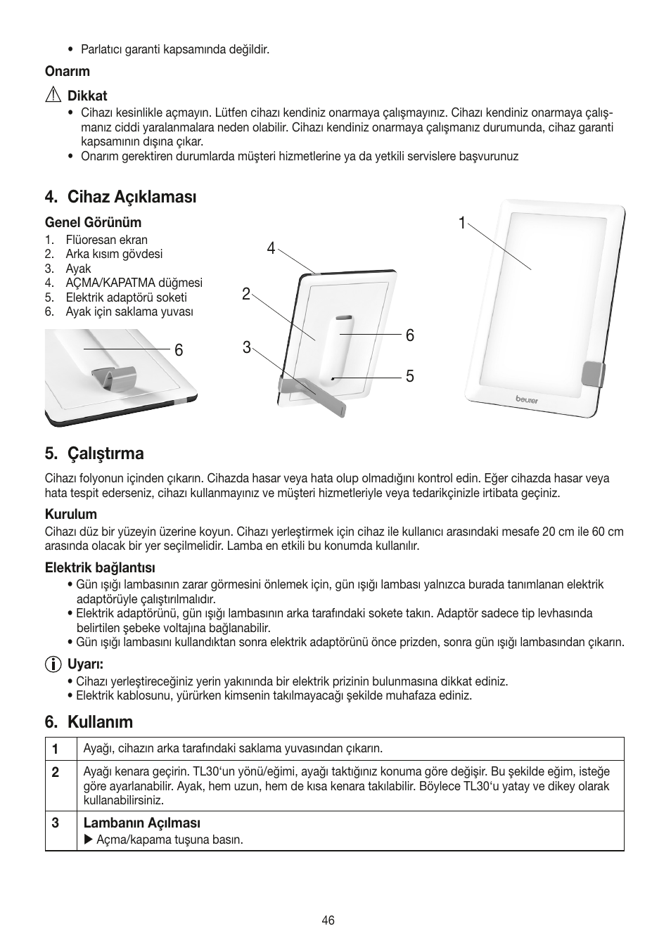 Cihaz açıklaması, Çalıştırma, Kullanım | Beurer TL 30 User Manual | Page 46 / 68