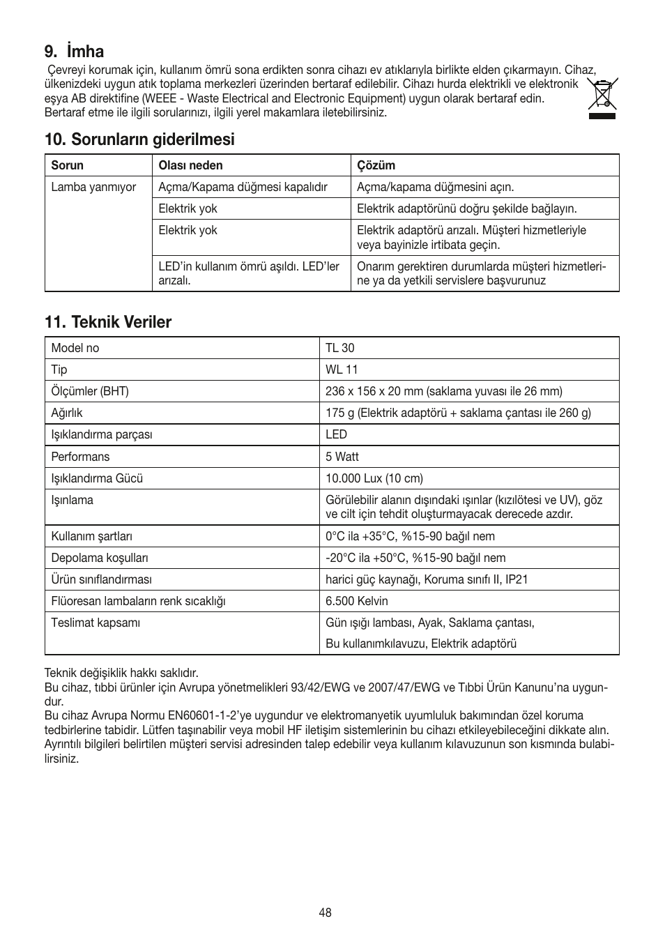 Imha, Sorunların giderilmesi, Teknik veriler | Beurer TL 30 User Manual | Page 48 / 68