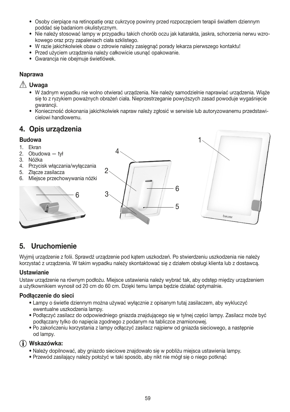Opis urządzenia, Uruchomienie | Beurer TL 30 User Manual | Page 59 / 68