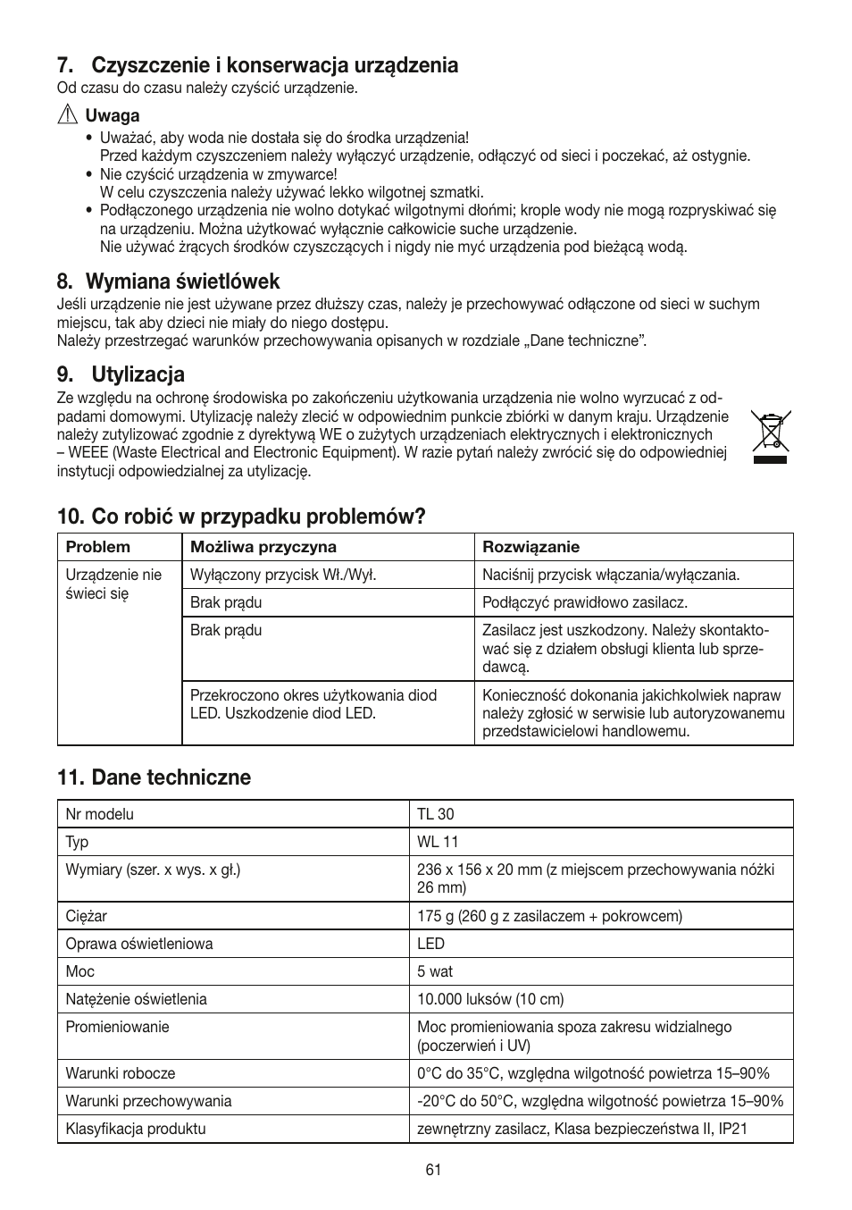 Czyszczenie i konserwacja urządzenia, Wymiana świetlówek, Utylizacja | Co robić w przypadku problemów, Dane techniczne | Beurer TL 30 User Manual | Page 61 / 68