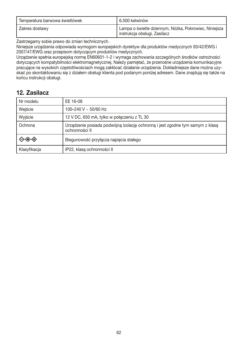 Zasilacz | Beurer TL 30 User Manual | Page 62 / 68