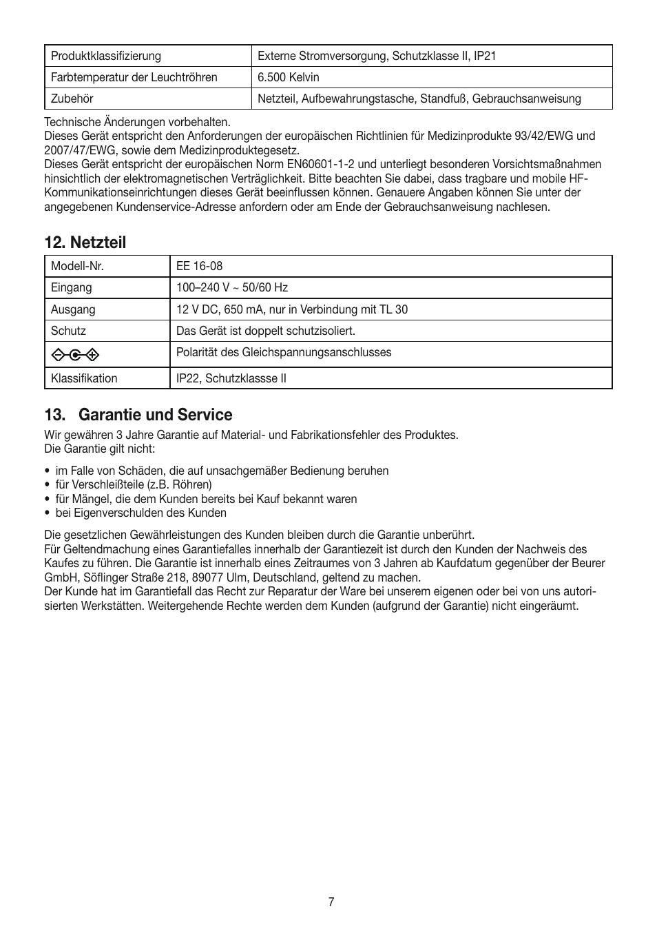 Netzteil, Garantie und service | Beurer TL 30 User Manual | Page 7 / 68