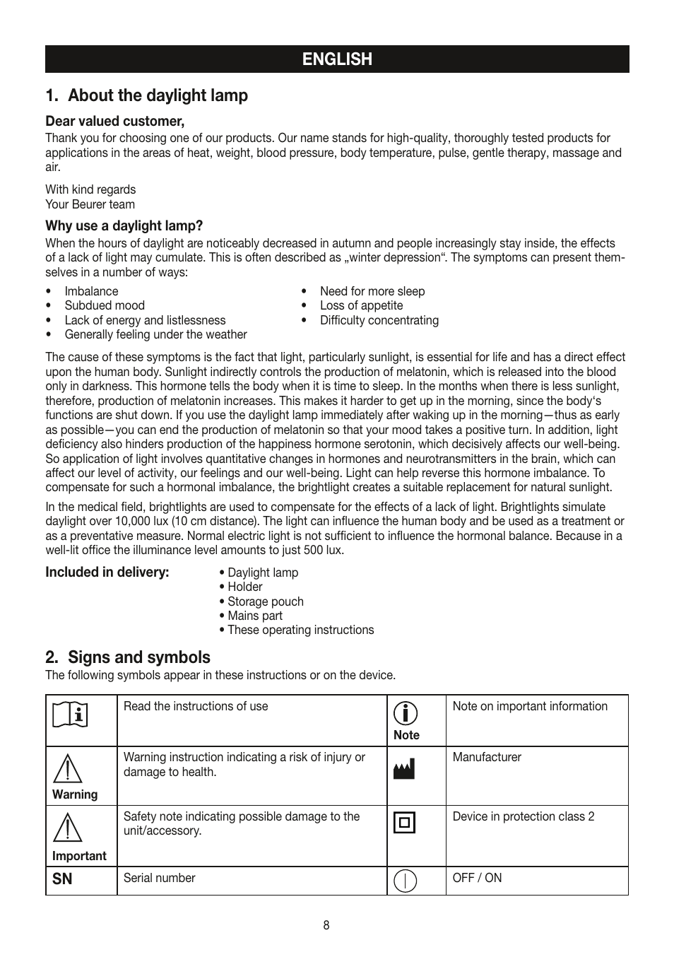 English 1. about the daylight lamp, Signs and symbols | Beurer TL 30 User Manual | Page 8 / 68