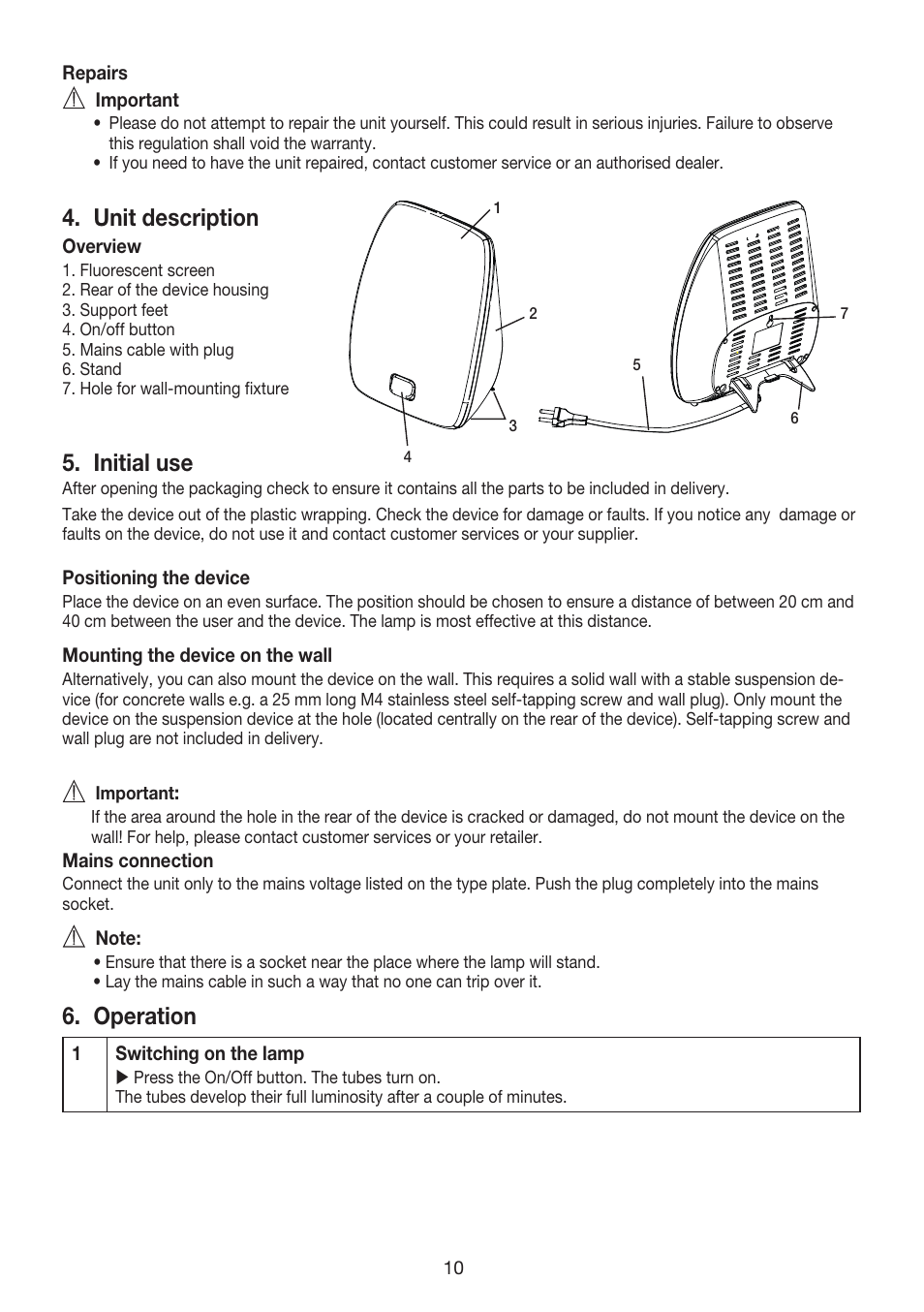 Unit description, Initial use, Operation | Beurer TL 40 User Manual | Page 10 / 64