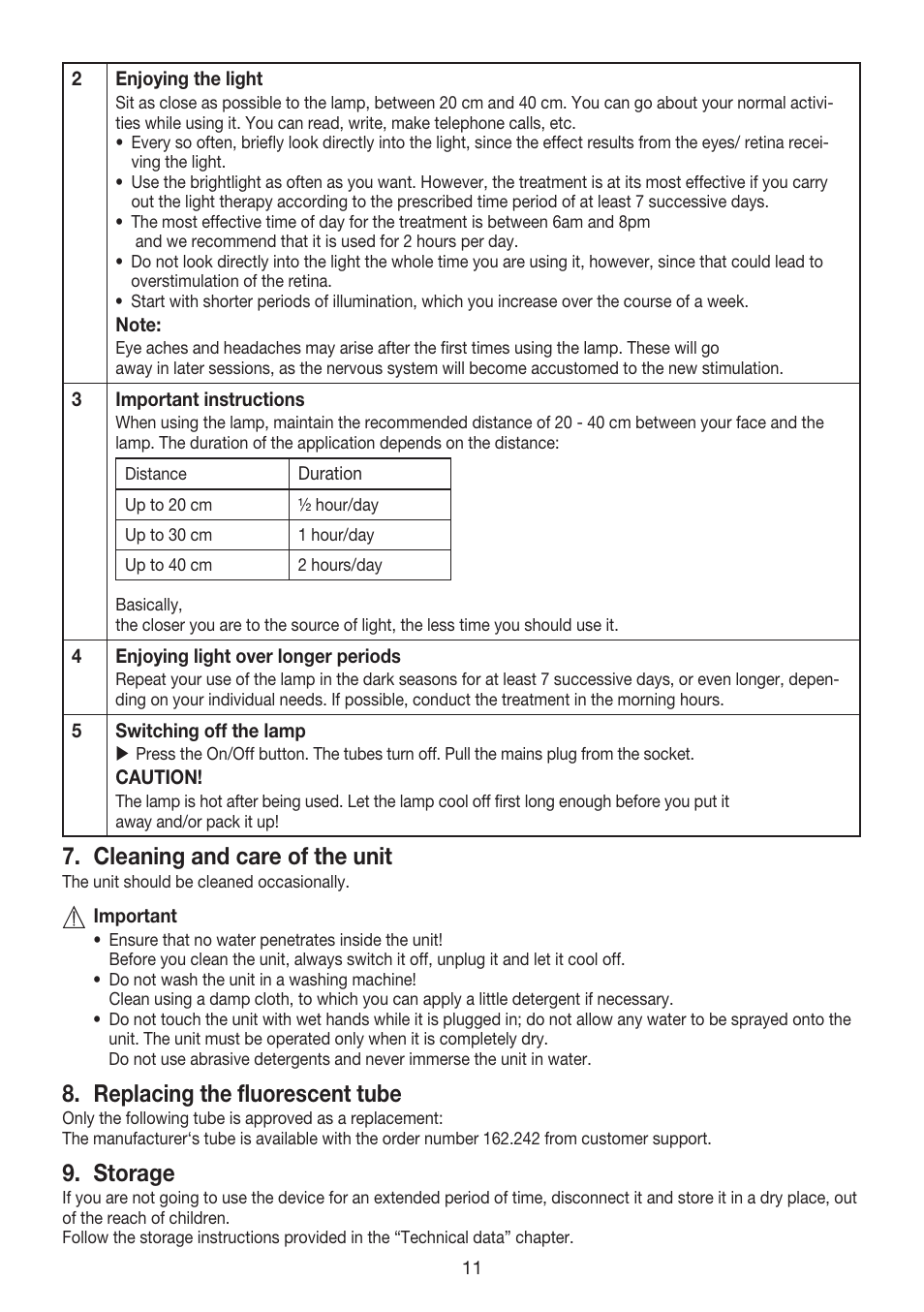 Cleaning and care of the unit, Replacing the fluorescent tube, Storage | Beurer TL 40 User Manual | Page 11 / 64