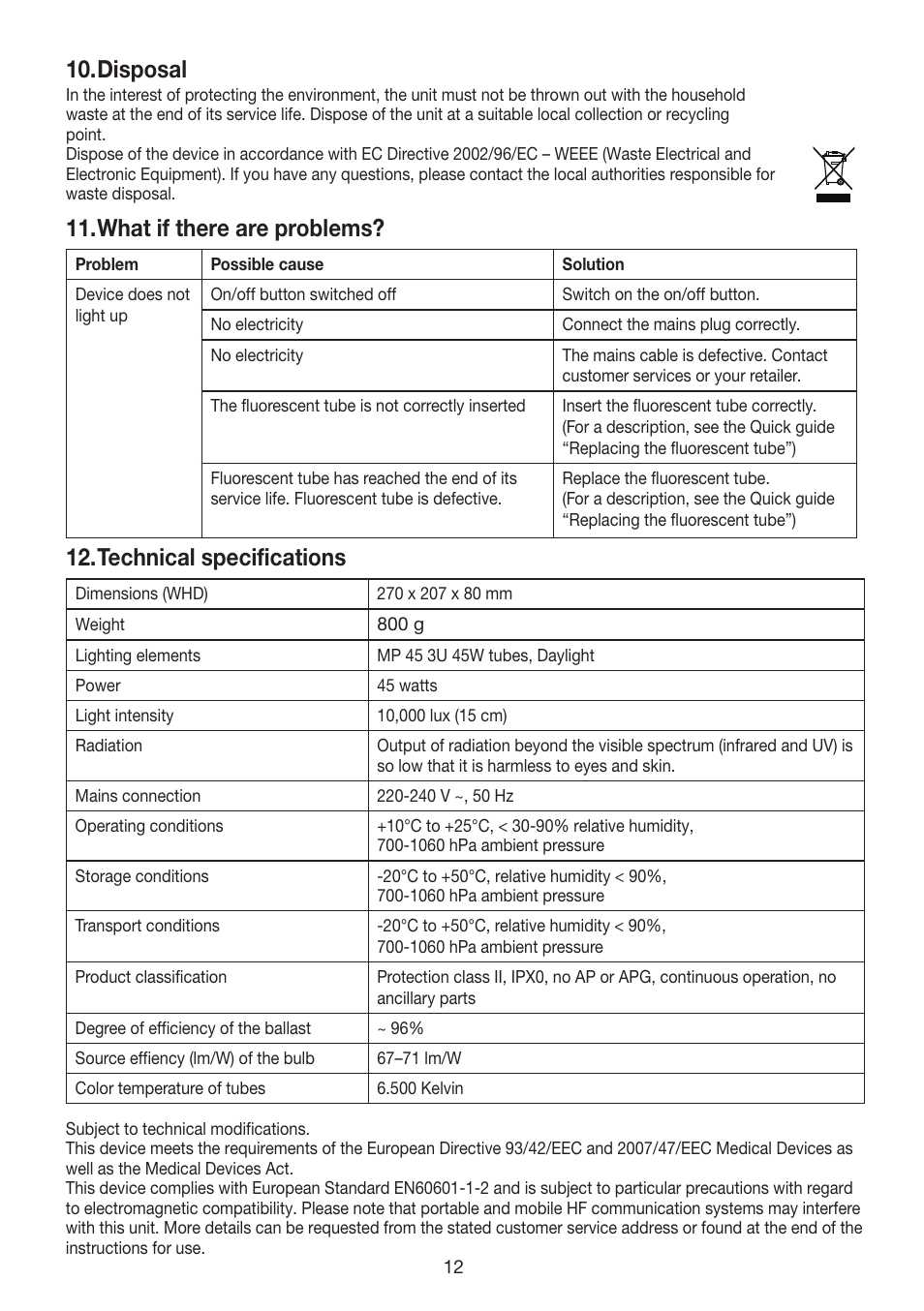 Disposal, What if there are problems, Technical specifications | Beurer TL 40 User Manual | Page 12 / 64