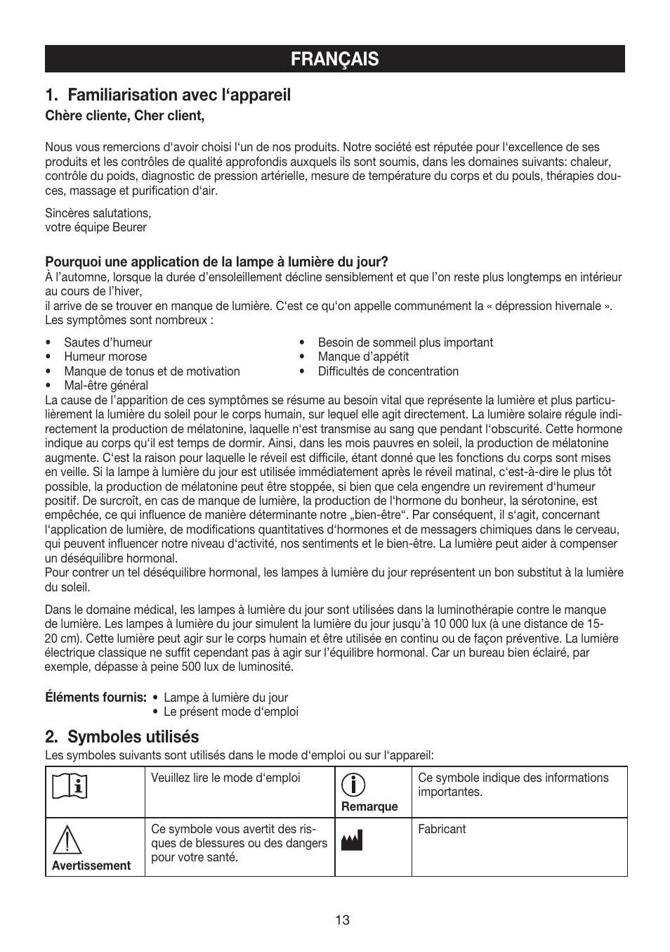Français, Familiarisation avec l‘appareil, Symboles utilisés | Beurer TL 40 User Manual | Page 13 / 64