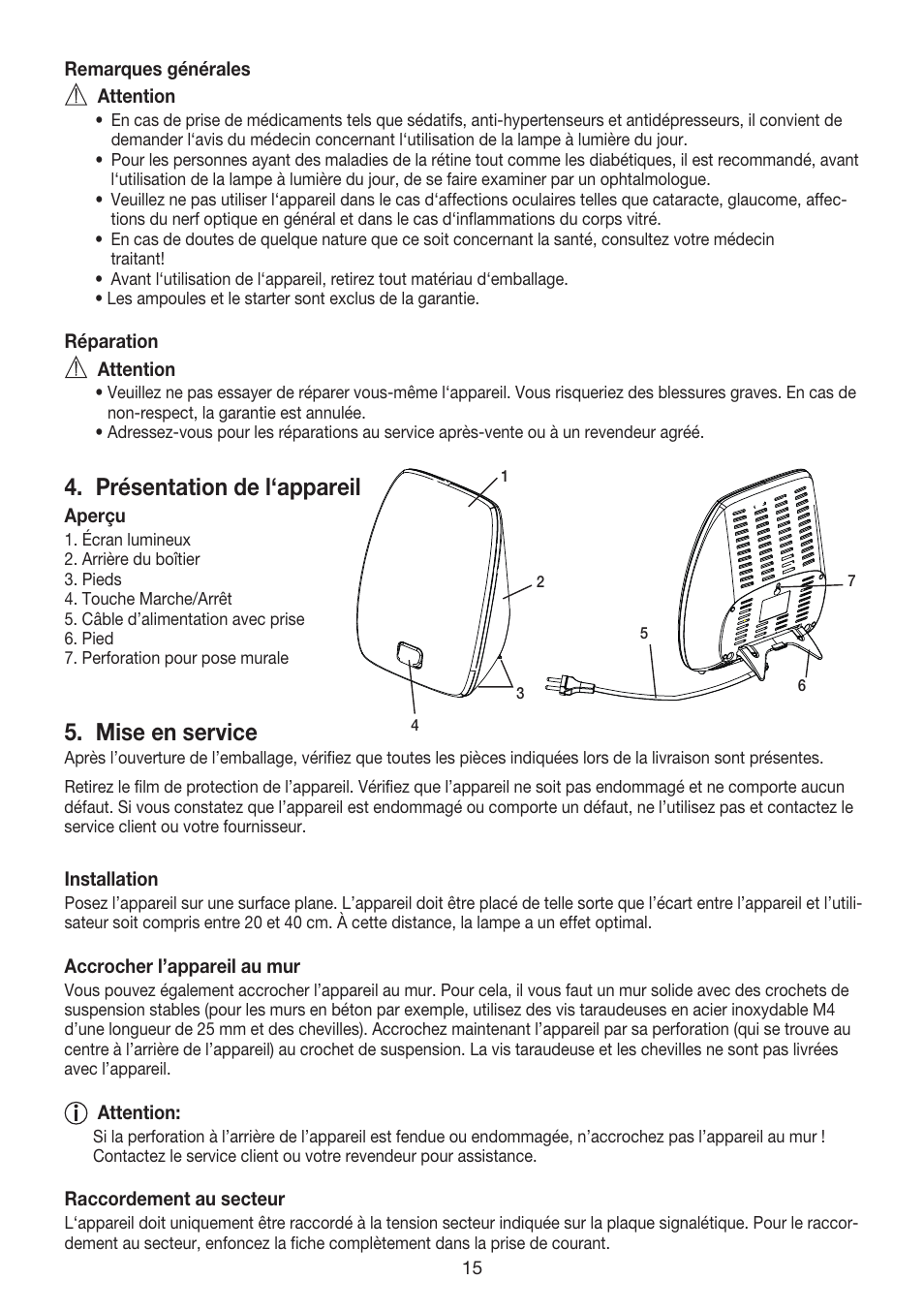 Présentation de l‘appareil, Mise en service | Beurer TL 40 User Manual | Page 15 / 64