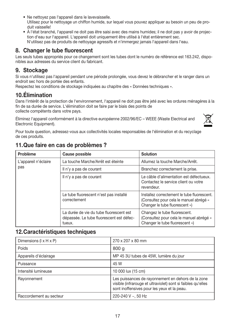 Changer le tube fluorescent, Stockage, Élimination | Que faire en cas de problèmes, Caractéristiques techniques | Beurer TL 40 User Manual | Page 17 / 64