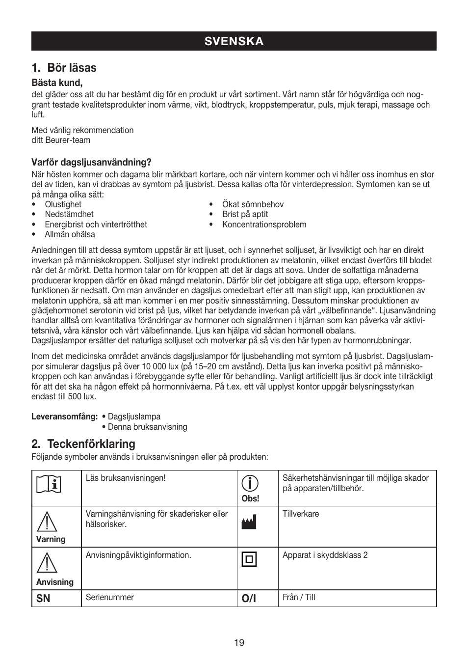Bör läsas, Teckenförklaring, Svenska | Beurer TL 40 User Manual | Page 19 / 64