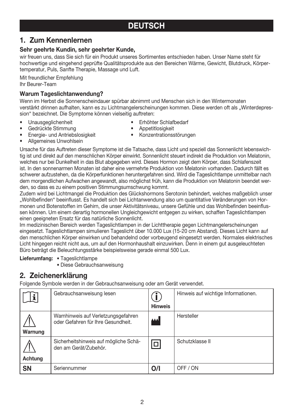Deutsch, Zum kennenlernen, Zeichenerklärung | Beurer TL 40 User Manual | Page 2 / 64